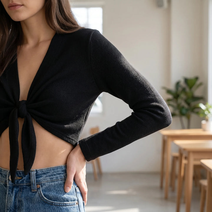 Cardigan Crop Con Scollo A Scialle Nero