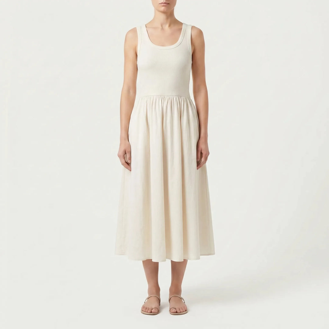 Vestito Midi Senza Maniche Con Vita Arricciata