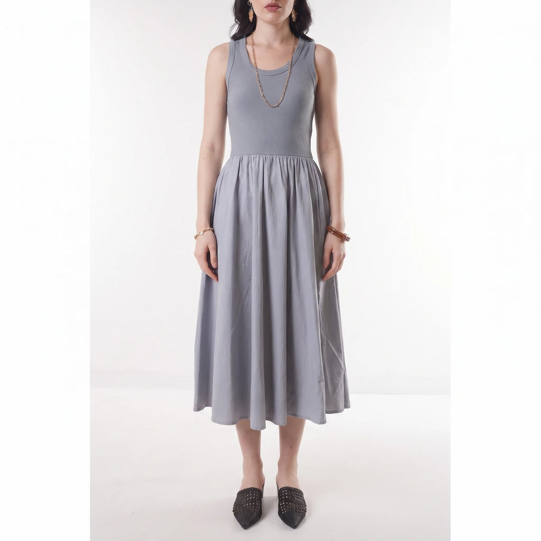 Vestito Midi Senza Maniche Con Vita Arricciata