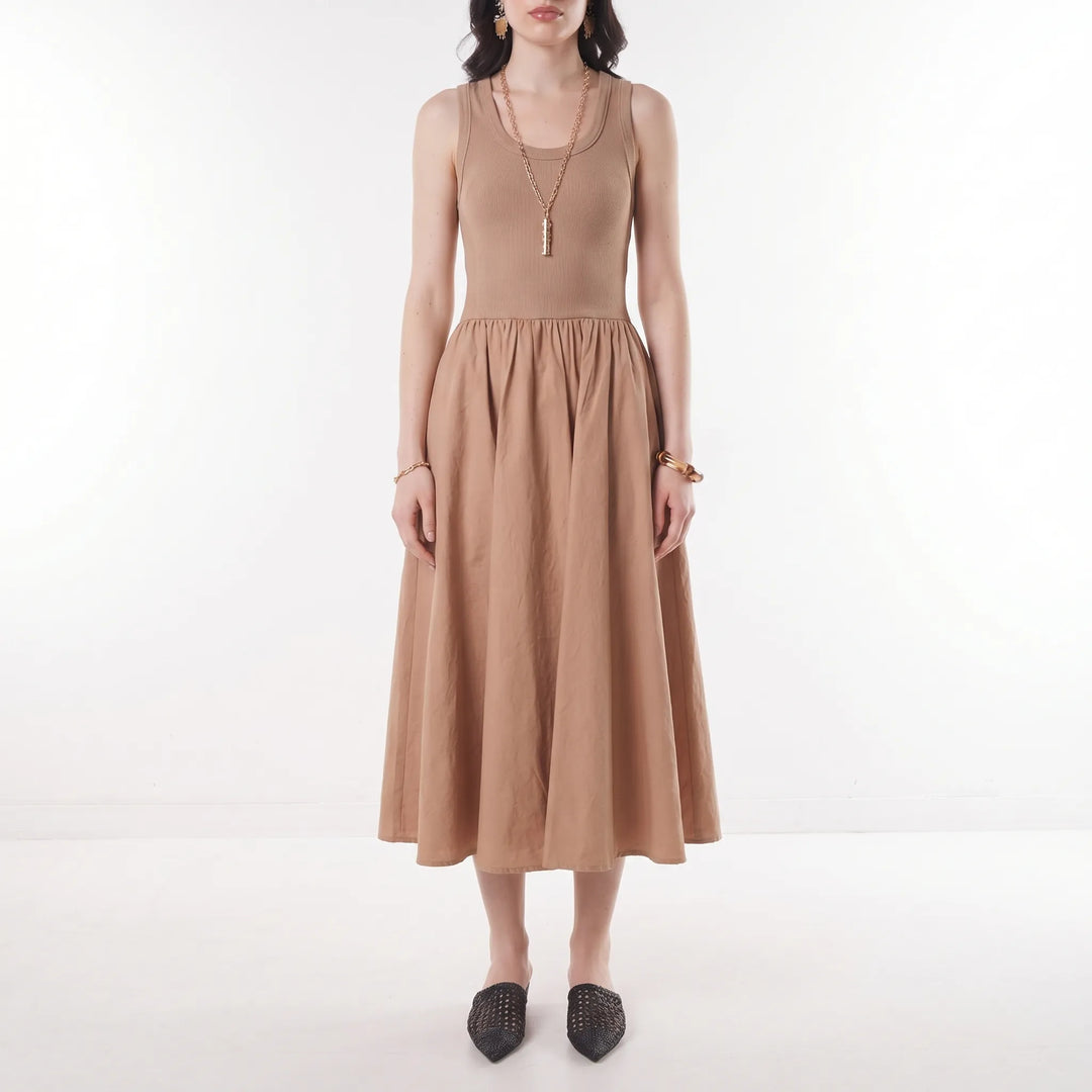 Vestito Midi Senza Maniche Con Vita Arricciata