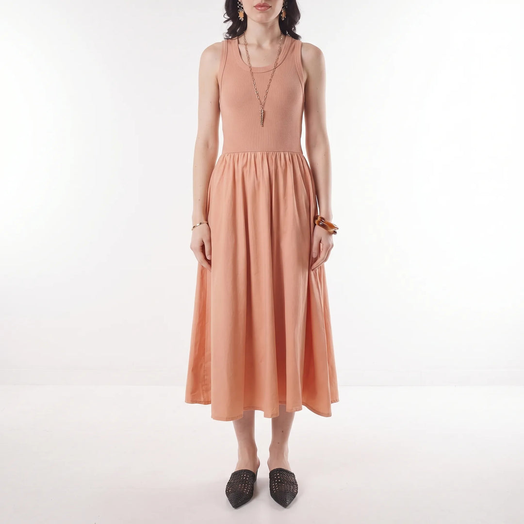 Vestito Midi Senza Maniche Con Vita Arricciata