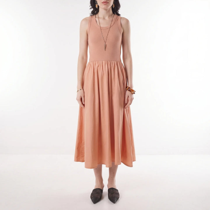 Vestito Midi Senza Maniche Con Vita Arricciata
