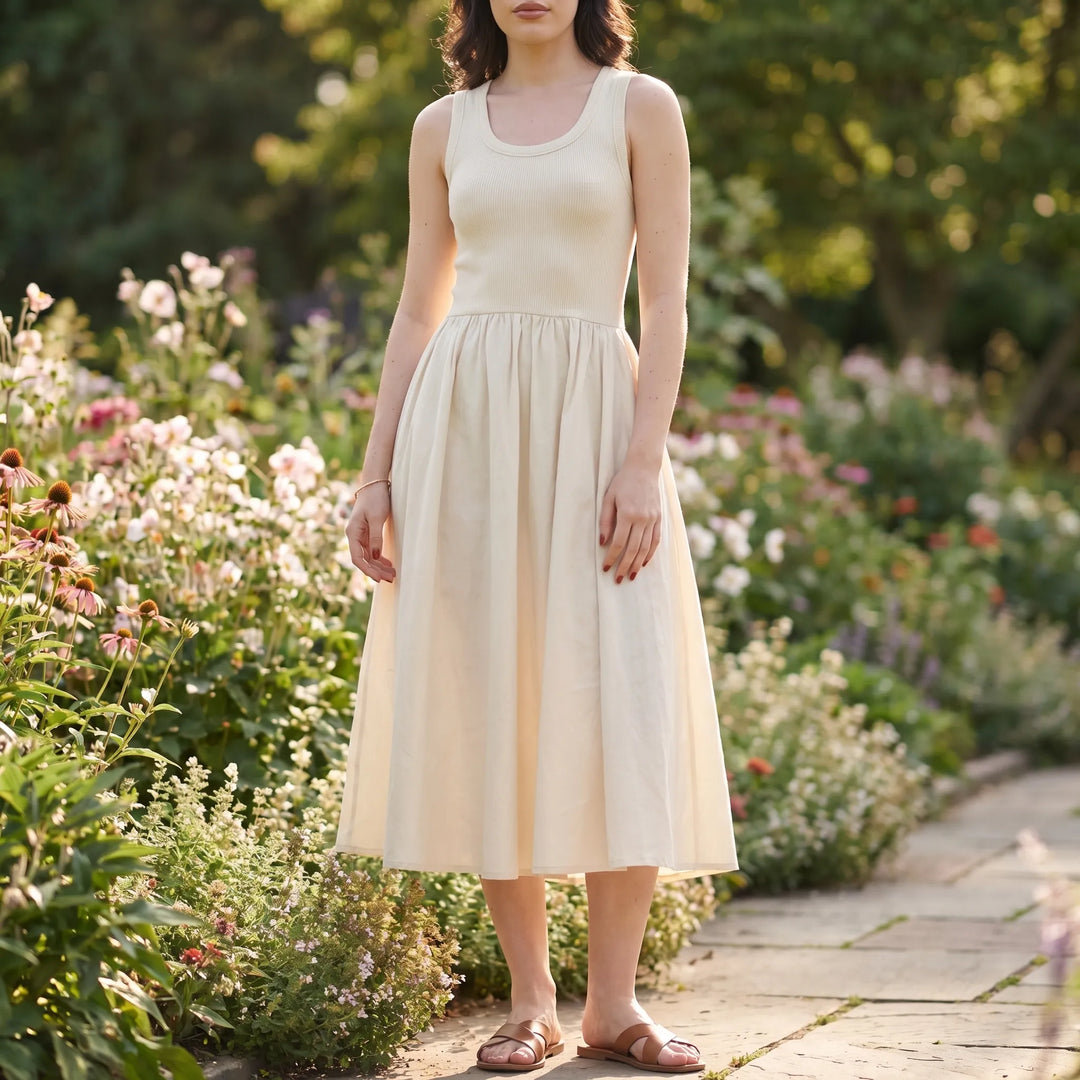 Vestito Midi Senza Maniche Con Vita Arricciata