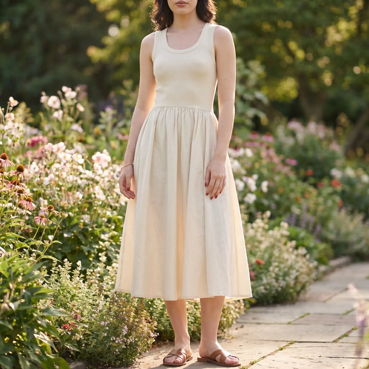 Vestito Midi Senza Maniche Con Vita Arricciata