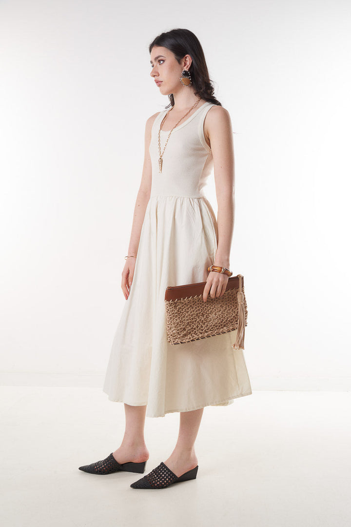Vestito Midi Senza Maniche Con Vita Arricciata