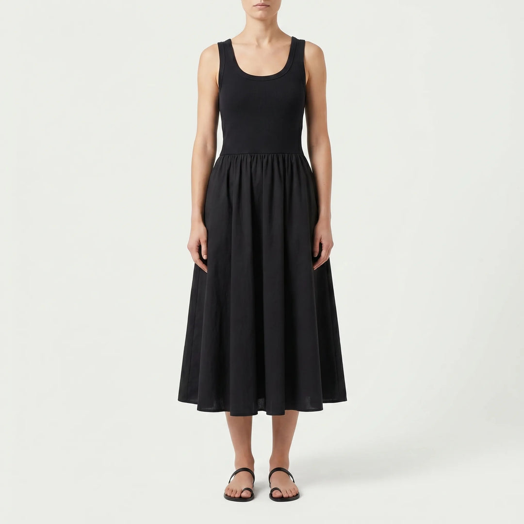 Vestito Midi Senza Maniche Con Vita Arricciata